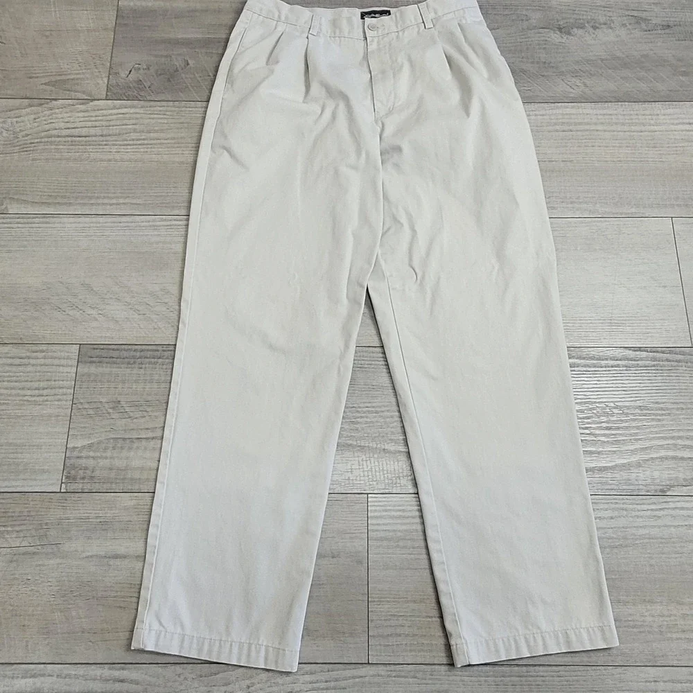 Eddie‎ Bauer Pants Mens 36x32 Ivory Khaki Wrinkle-Resistant Pleated Chino Preppy